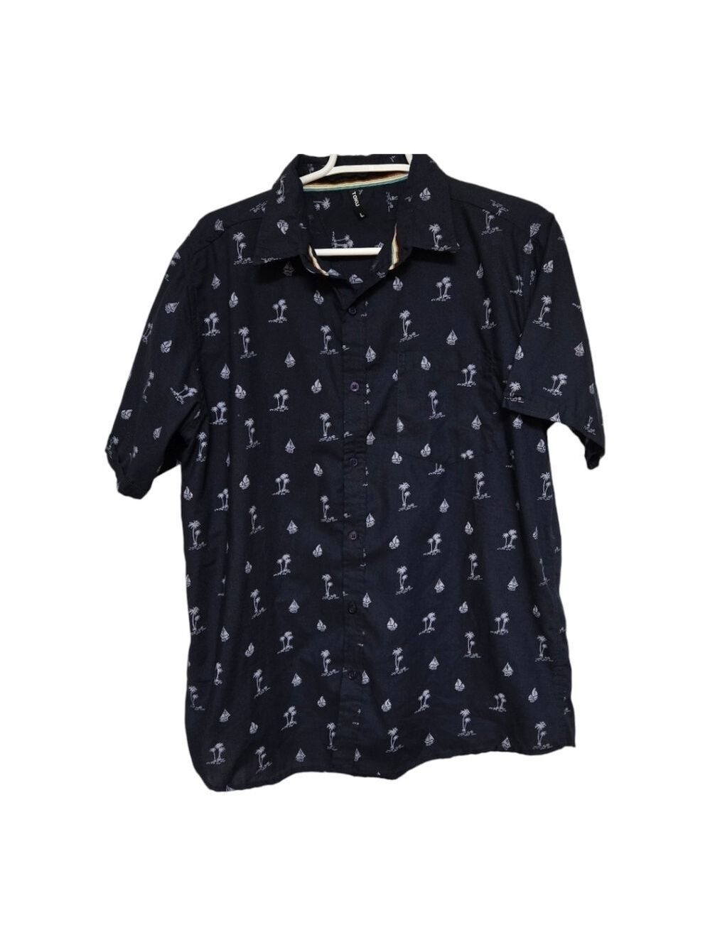 Toku Palm Tree Boat Print Button Up Shirt Men L Coastal Beach